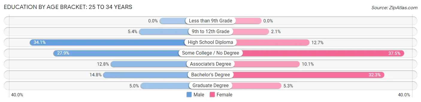 Education By Age Bracket in Biddeford: 25 to 34 Years