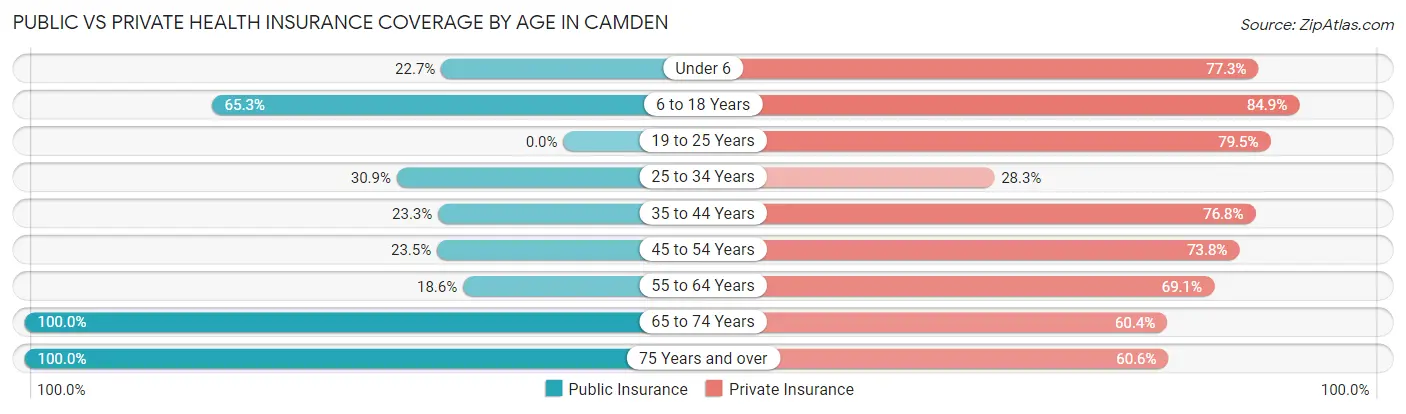 Public vs Private Health Insurance Coverage by Age in Camden