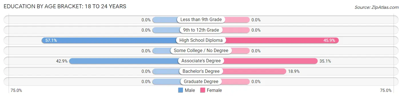 Education By Age Bracket in Damariscotta: 18 to 24 Years