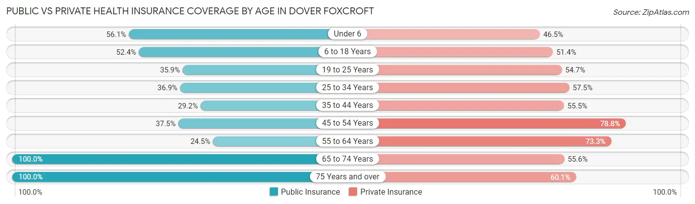 Public vs Private Health Insurance Coverage by Age in Dover Foxcroft