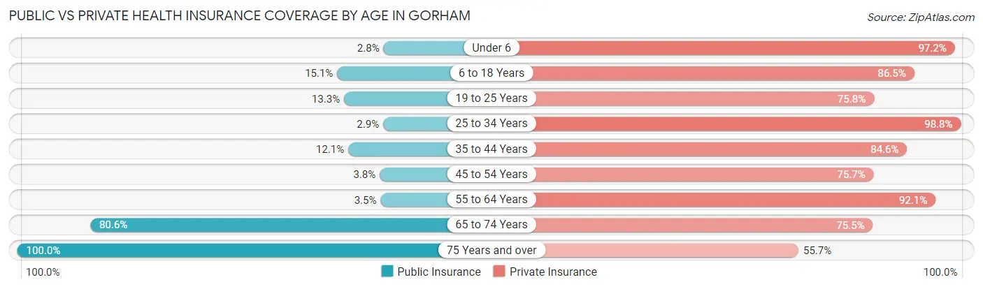 Public vs Private Health Insurance Coverage by Age in Gorham