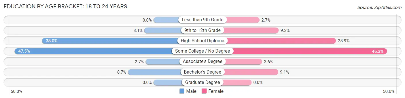 Education By Age Bracket in Lewiston: 18 to 24 Years