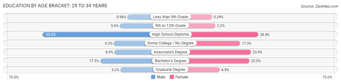 Education By Age Bracket in Lewiston: 25 to 34 Years