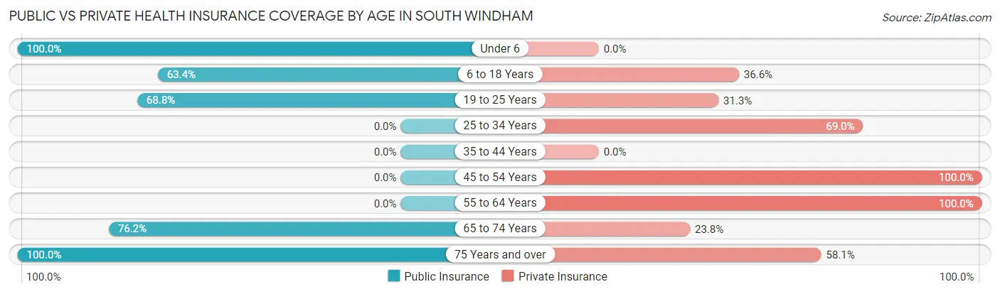Public vs Private Health Insurance Coverage by Age in South Windham
