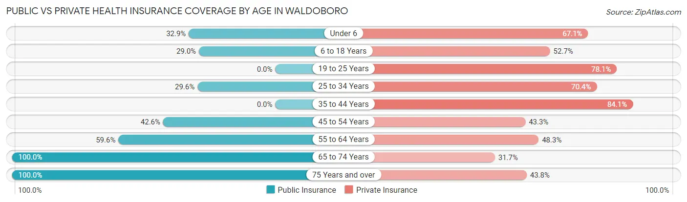 Public vs Private Health Insurance Coverage by Age in Waldoboro