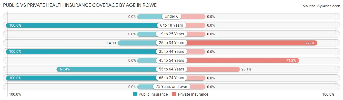 Public vs Private Health Insurance Coverage by Age in Rowe