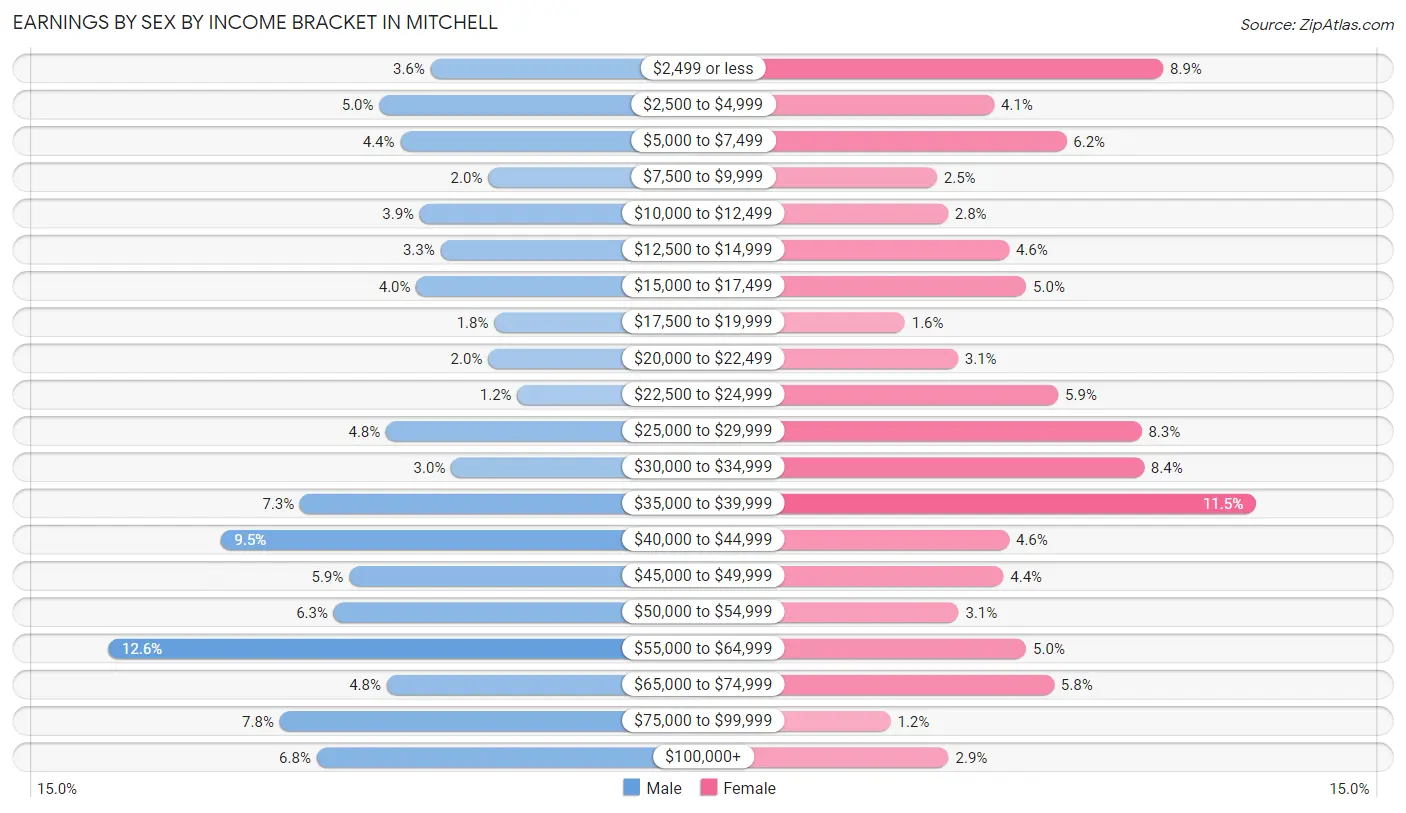 Earnings by Sex by Income Bracket in Mitchell