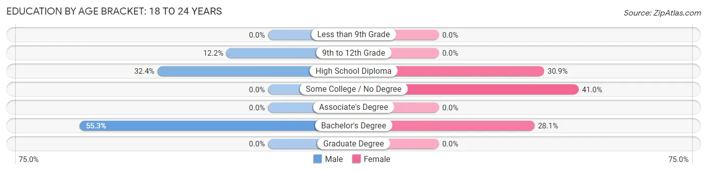 Education By Age Bracket in Zip Code 03901: 18 to 24 Years