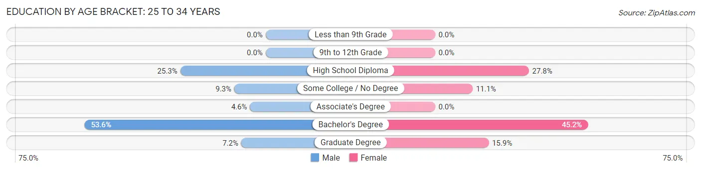 Education By Age Bracket in Zip Code 04355: 25 to 34 Years