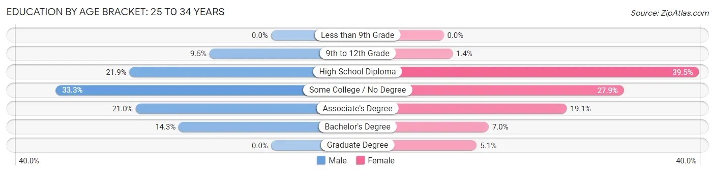 Education By Age Bracket in Zip Code 04363: 25 to 34 Years