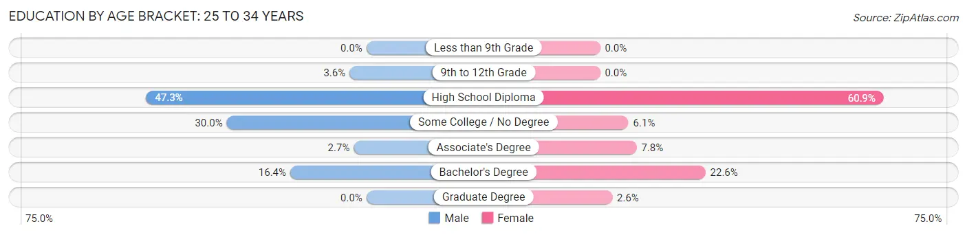Education By Age Bracket in Zip Code 04443: 25 to 34 Years