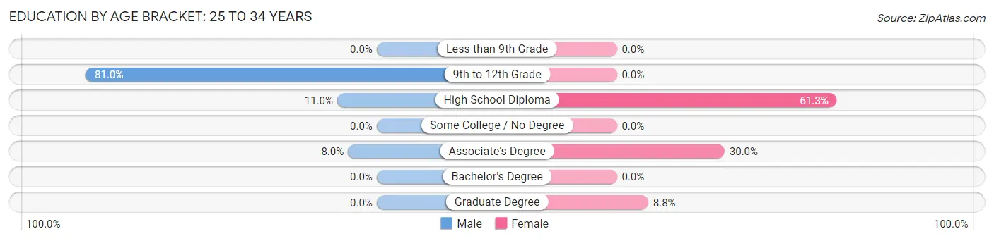 Education By Age Bracket in Zip Code 04537: 25 to 34 Years