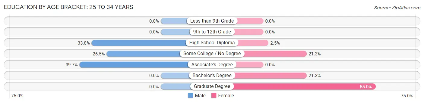 Education By Age Bracket in Zip Code 04861: 25 to 34 Years
