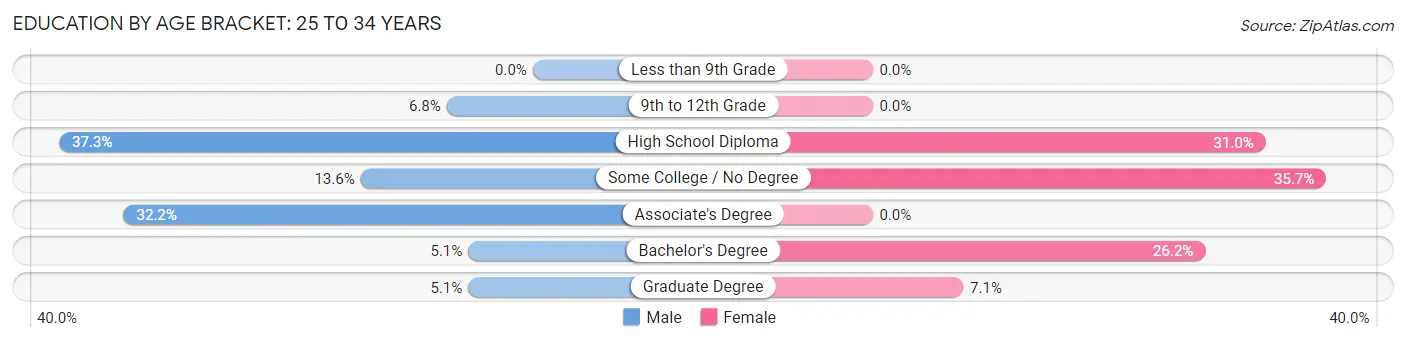 Education By Age Bracket in Zip Code 04987: 25 to 34 Years