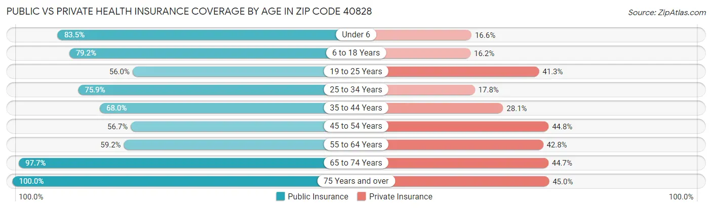 Public vs Private Health Insurance Coverage by Age in Zip Code 40828