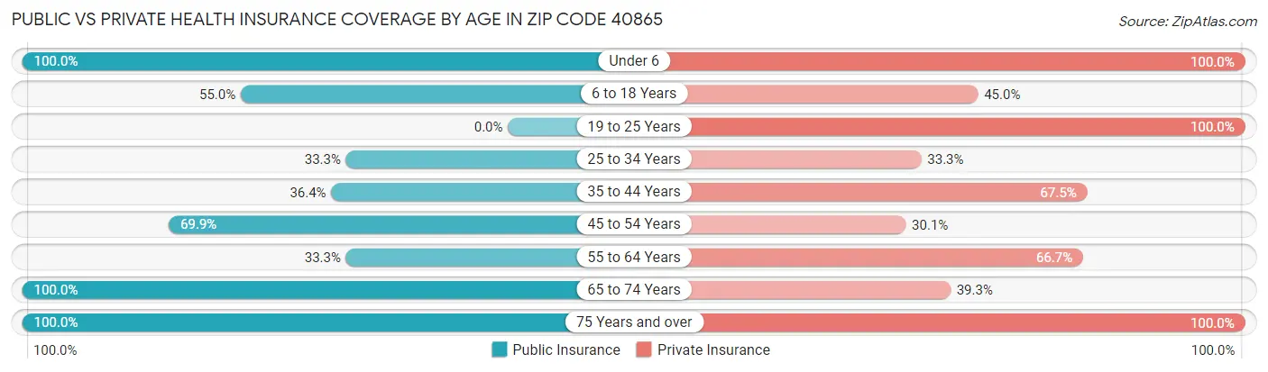 Public vs Private Health Insurance Coverage by Age in Zip Code 40865