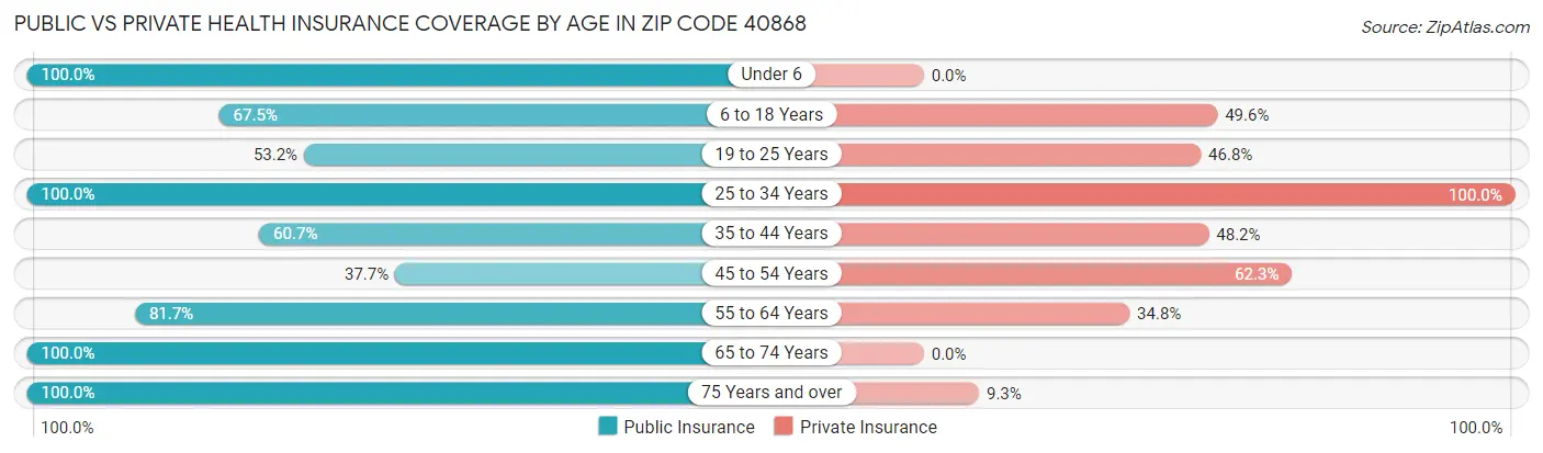 Public vs Private Health Insurance Coverage by Age in Zip Code 40868