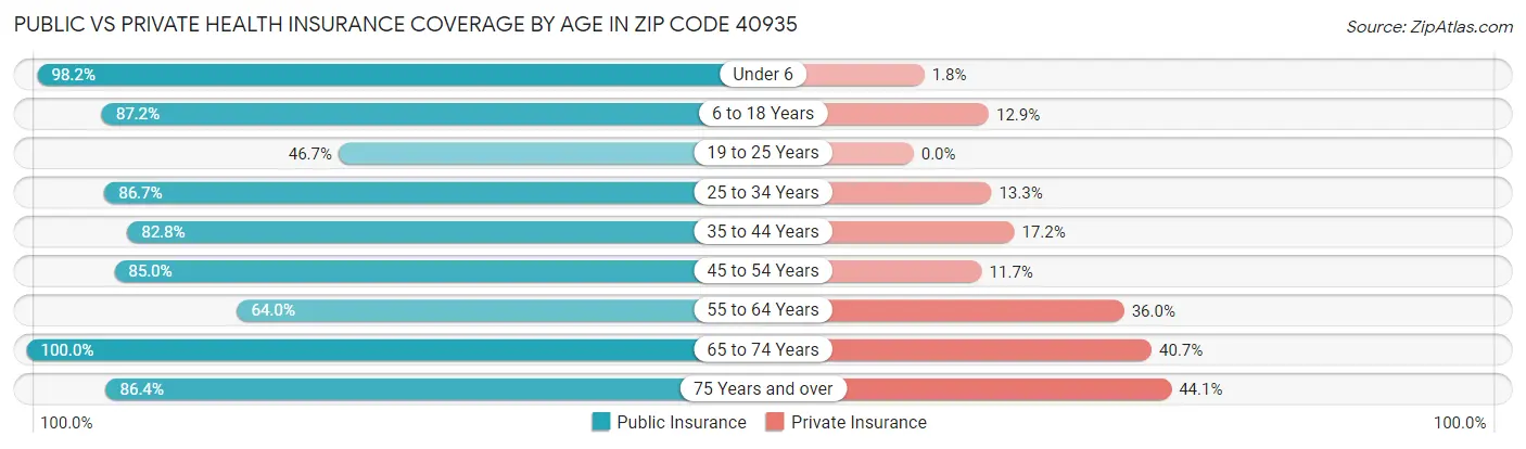 Public vs Private Health Insurance Coverage by Age in Zip Code 40935