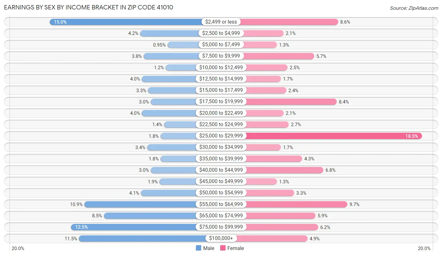 Earnings by Sex by Income Bracket in Zip Code 41010