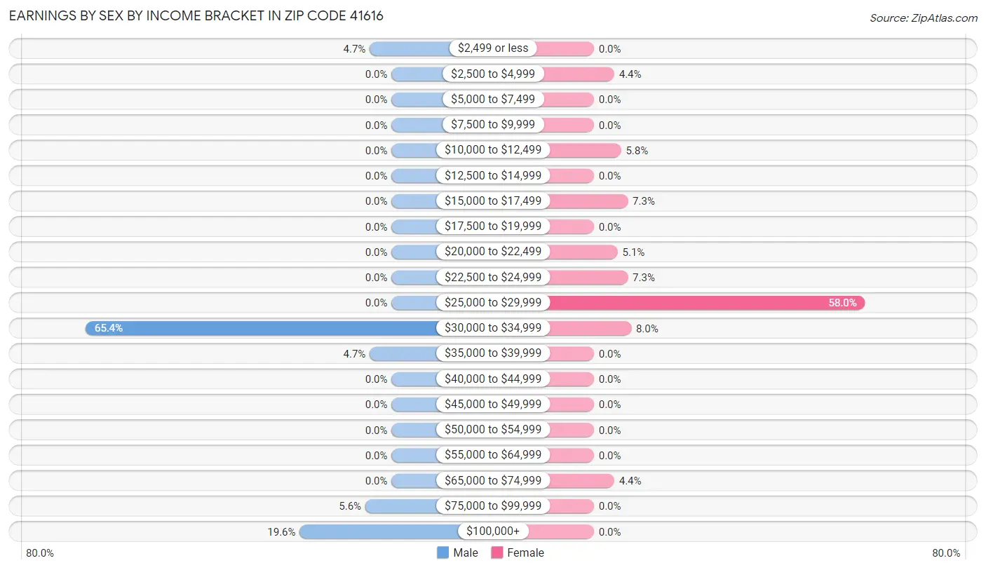 Earnings by Sex by Income Bracket in Zip Code 41616