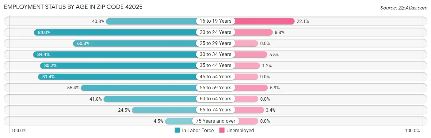 Employment Status by Age in Zip Code 42025