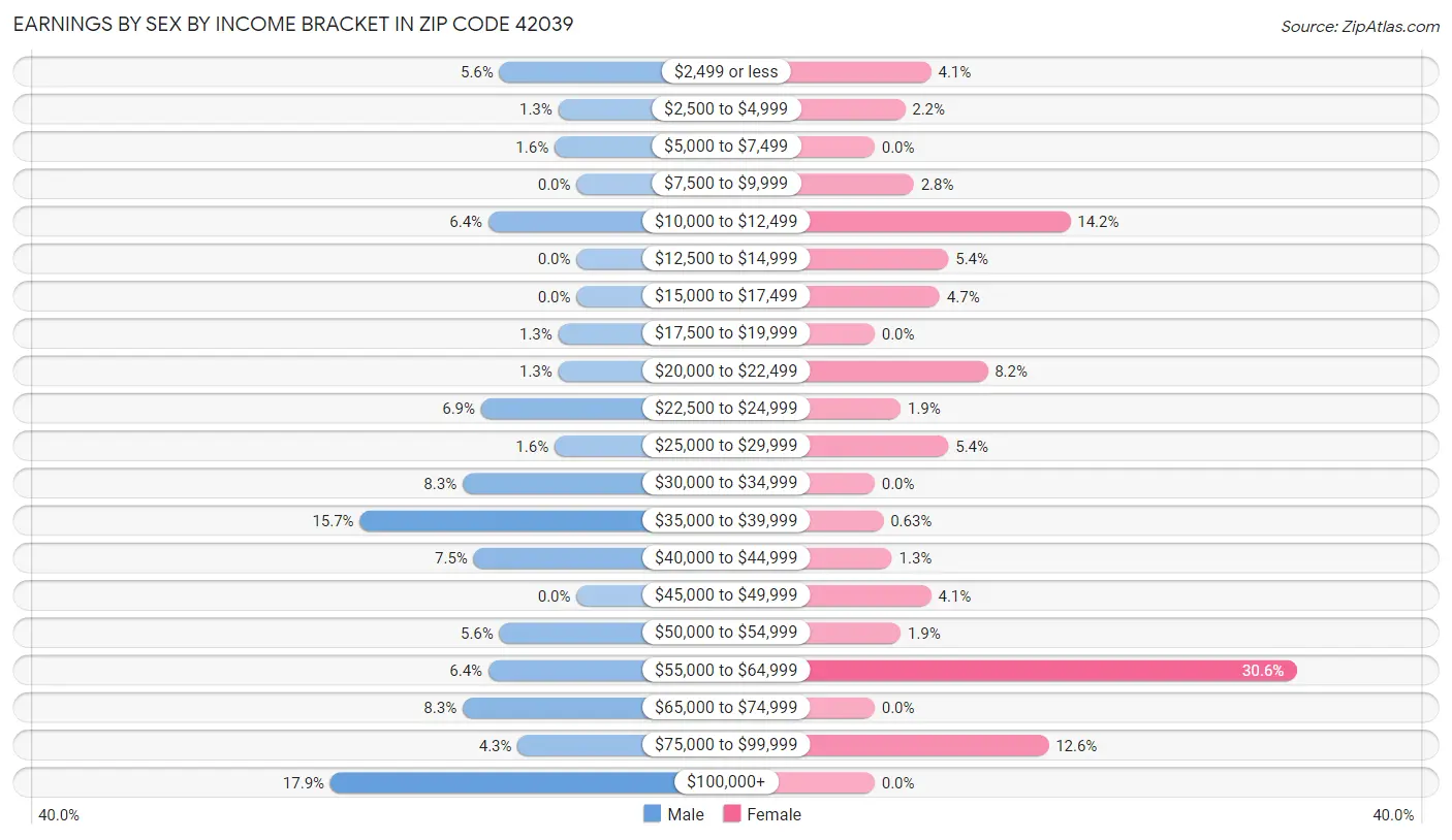 Earnings by Sex by Income Bracket in Zip Code 42039
