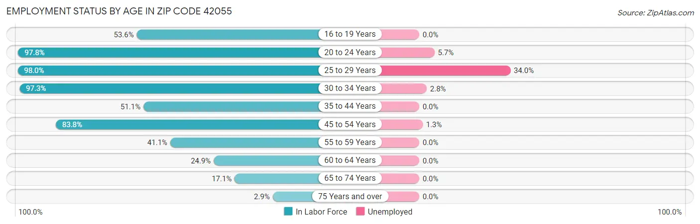 Employment Status by Age in Zip Code 42055