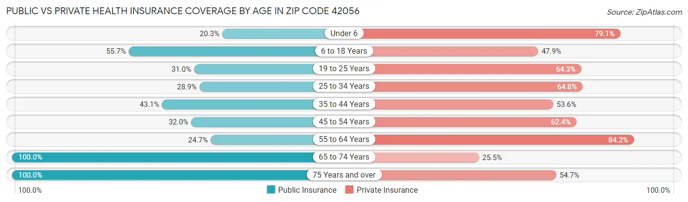 Public vs Private Health Insurance Coverage by Age in Zip Code 42056