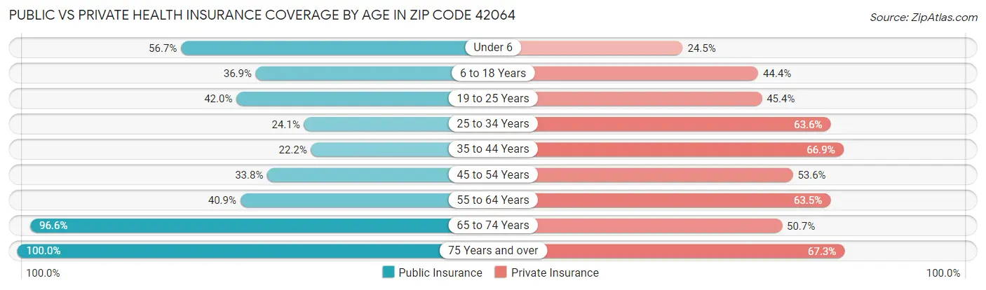 Public vs Private Health Insurance Coverage by Age in Zip Code 42064
