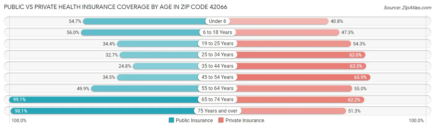 Public vs Private Health Insurance Coverage by Age in Zip Code 42066