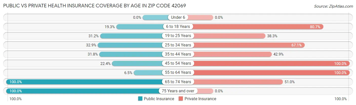 Public vs Private Health Insurance Coverage by Age in Zip Code 42069