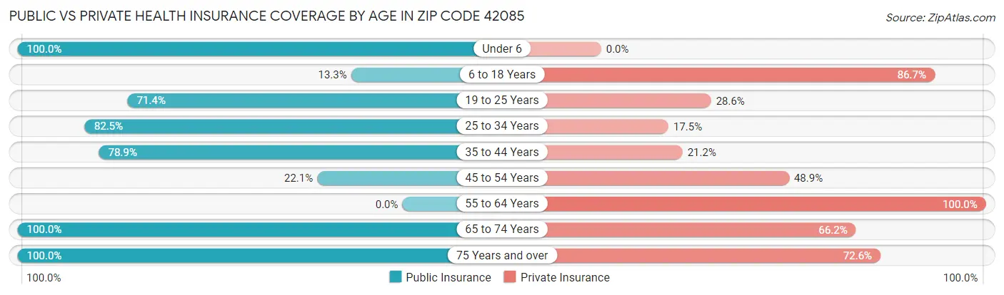 Public vs Private Health Insurance Coverage by Age in Zip Code 42085