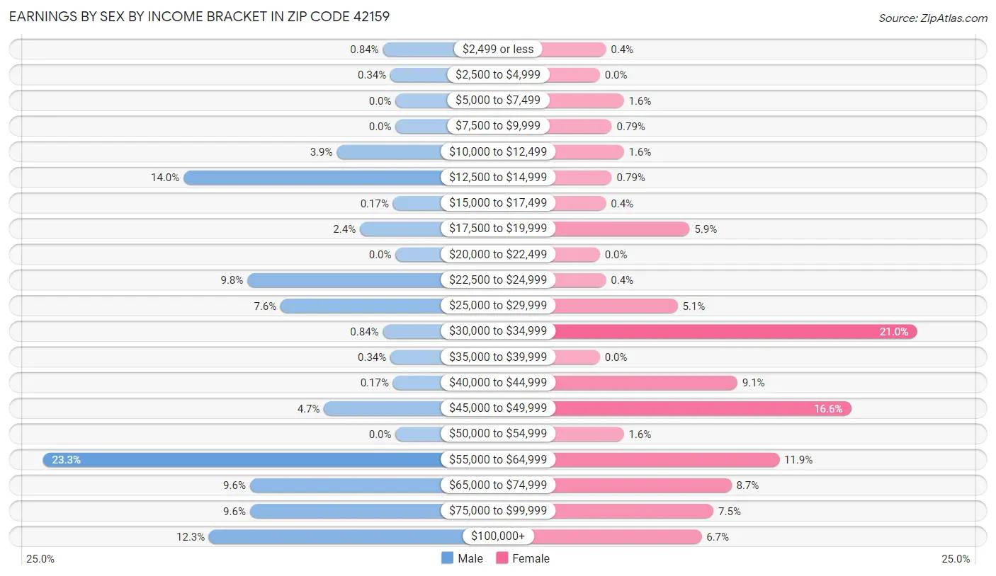 Earnings by Sex by Income Bracket in Zip Code 42159