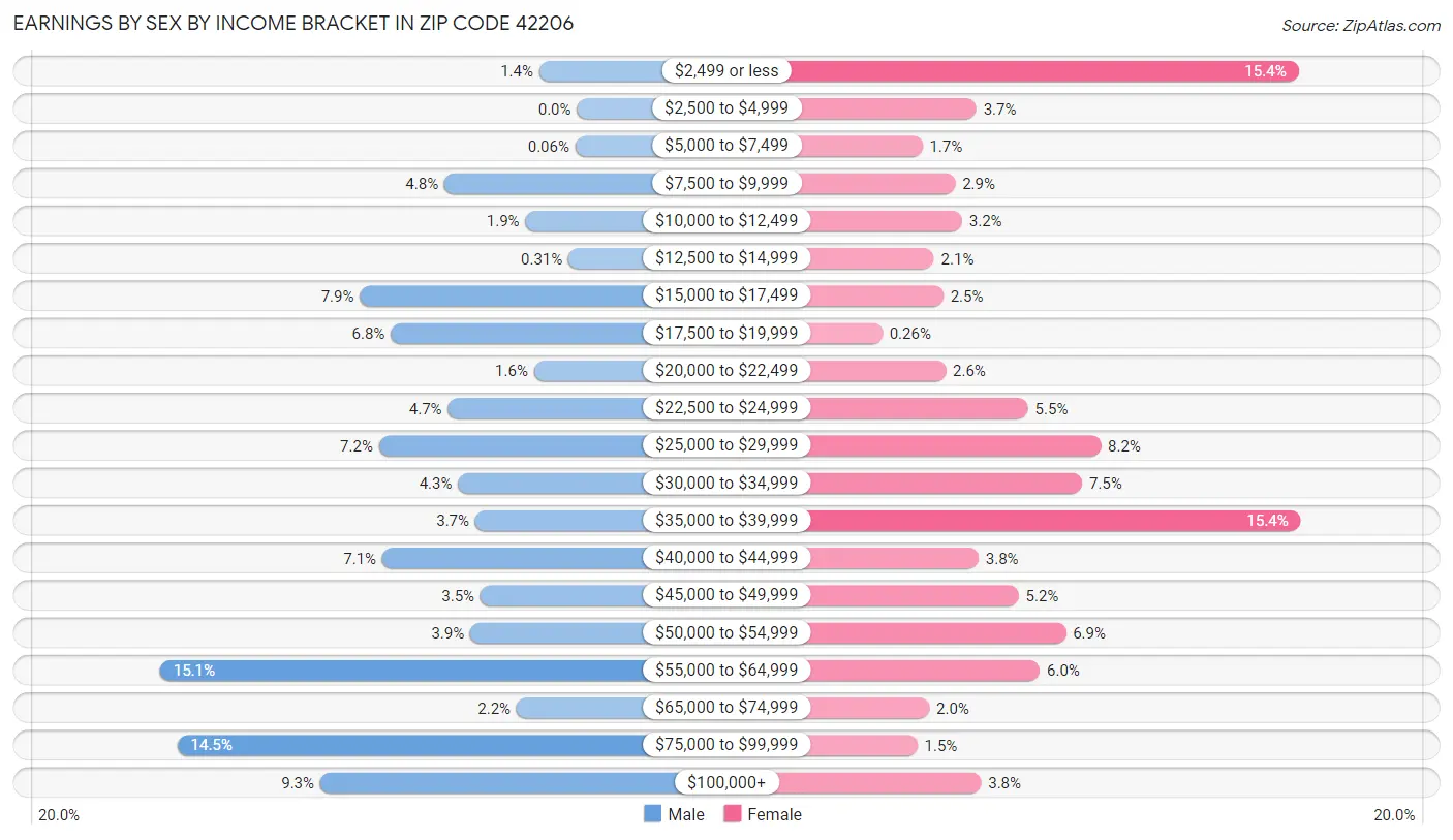 Earnings by Sex by Income Bracket in Zip Code 42206