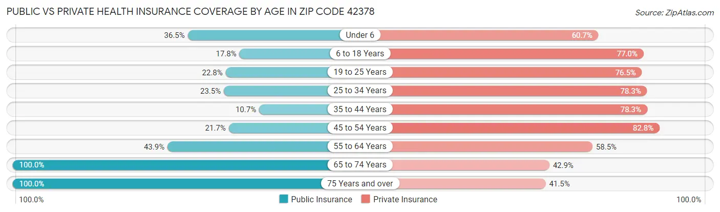 Public vs Private Health Insurance Coverage by Age in Zip Code 42378