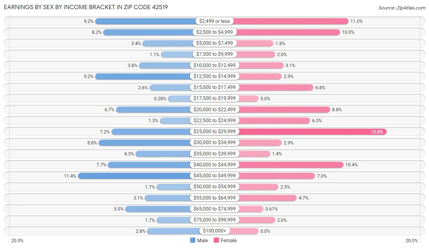 Earnings by Sex by Income Bracket in Zip Code 42519