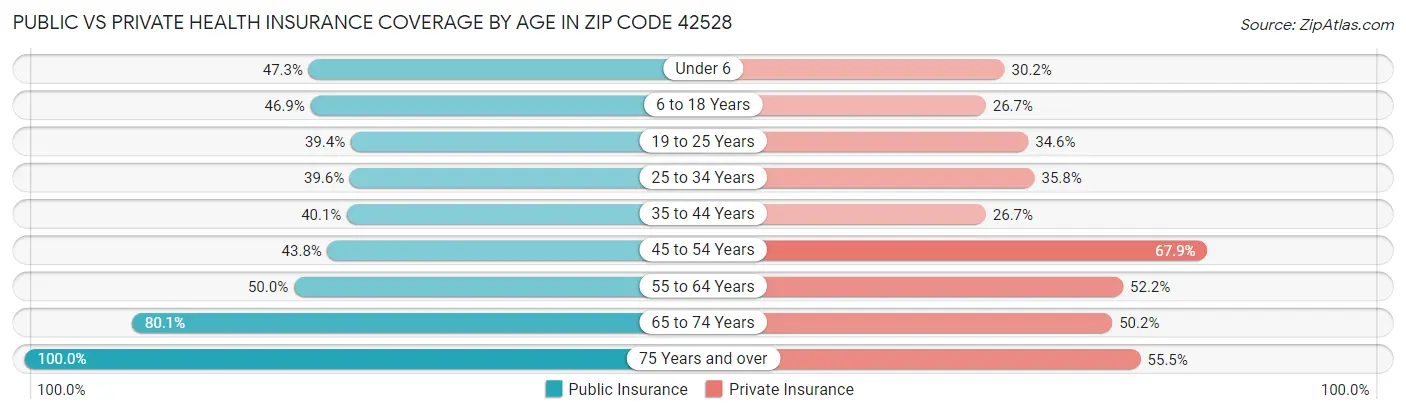 Public vs Private Health Insurance Coverage by Age in Zip Code 42528