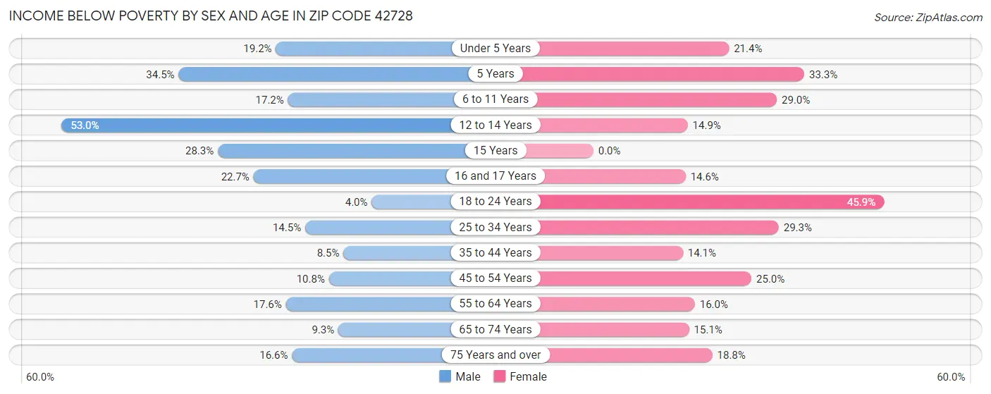 Income Below Poverty by Sex and Age in Zip Code 42728