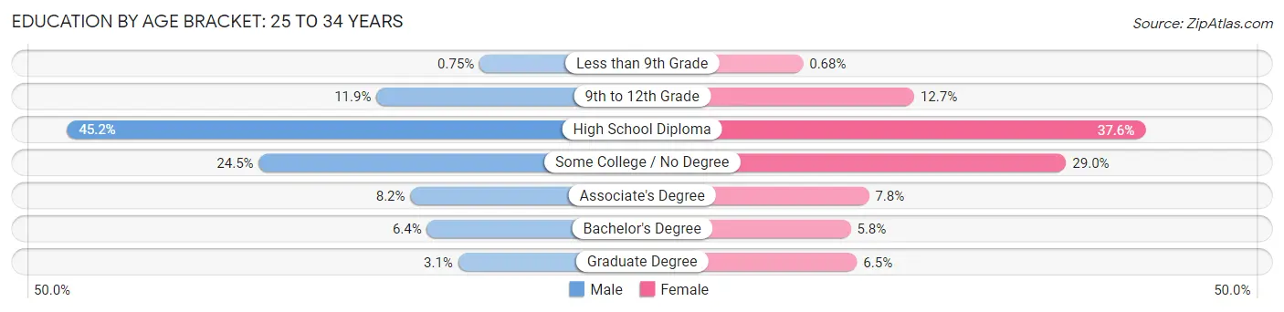 Education By Age Bracket in Zip Code 44306: 25 to 34 Years