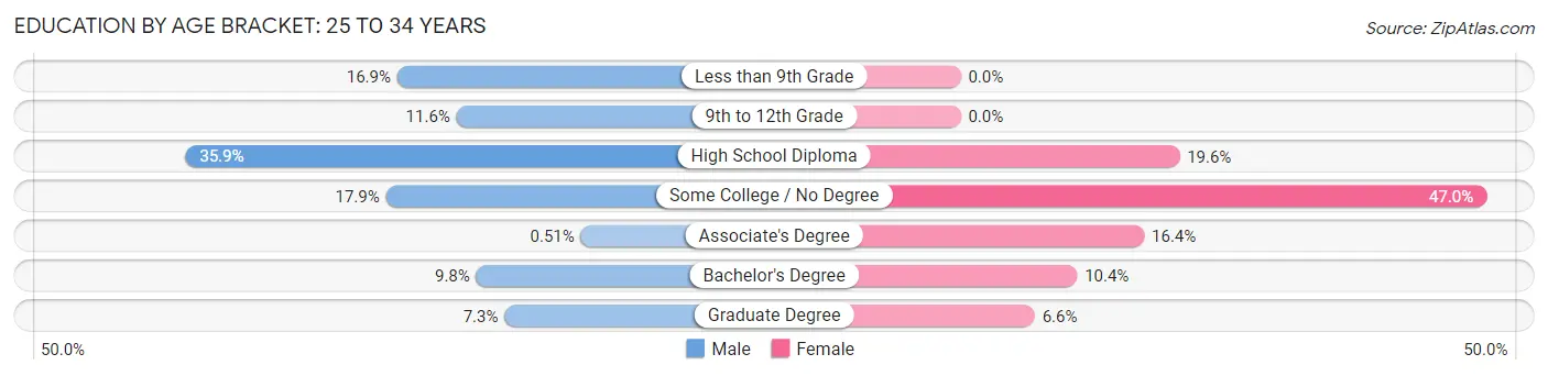 Education By Age Bracket in Zip Code 87740: 25 to 34 Years