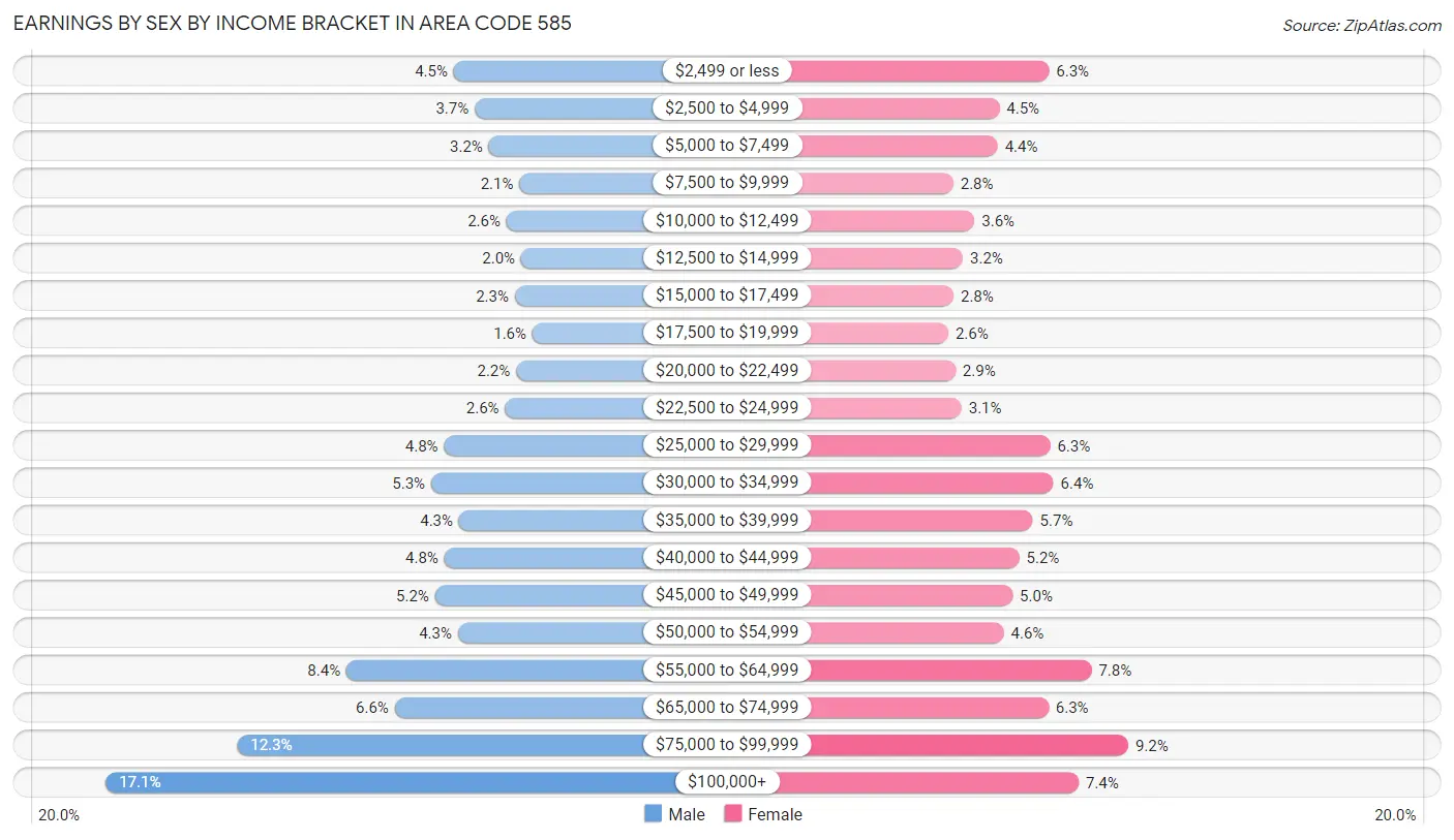 Earnings by Sex by Income Bracket in Area Code 585