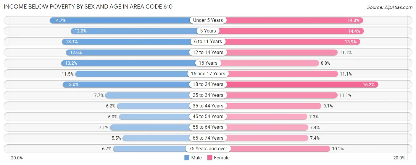 Income Below Poverty by Sex and Age in Area Code 610