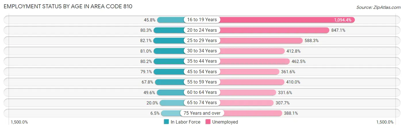 Employment Status by Age in Area Code 810