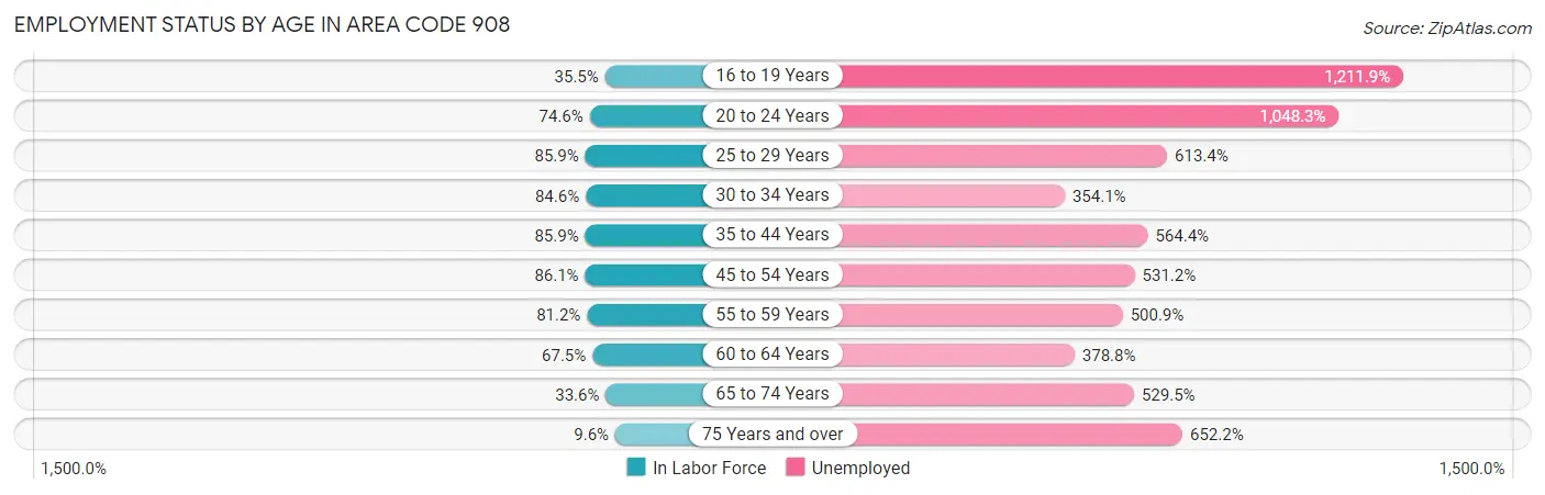 Employment Status by Age in Area Code 908