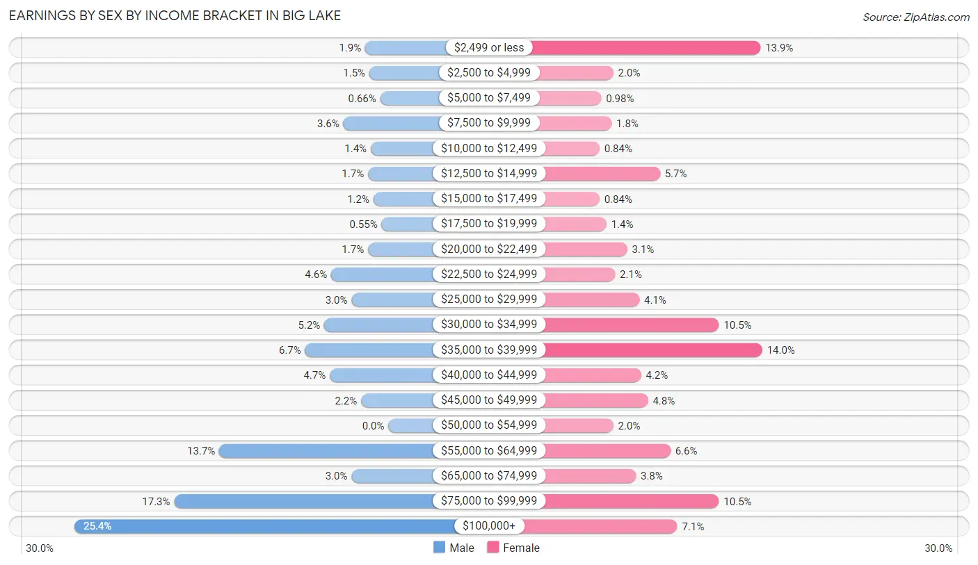 Earnings by Sex by Income Bracket in Big Lake