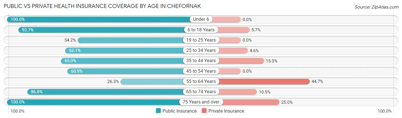 Public vs Private Health Insurance Coverage by Age in Chefornak
