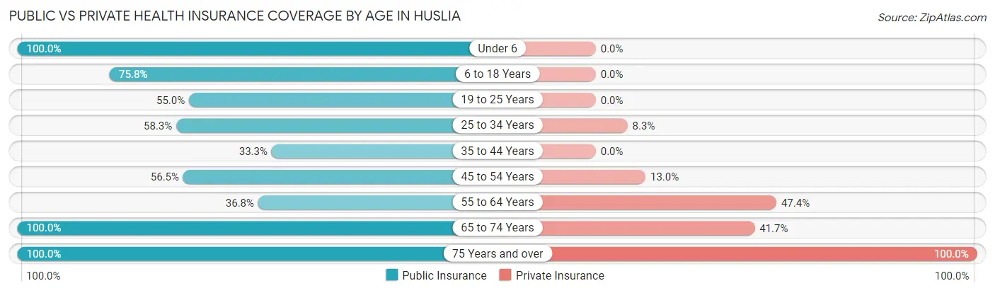 Public vs Private Health Insurance Coverage by Age in Huslia