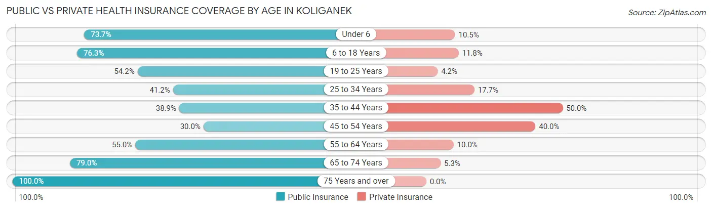 Public vs Private Health Insurance Coverage by Age in Koliganek