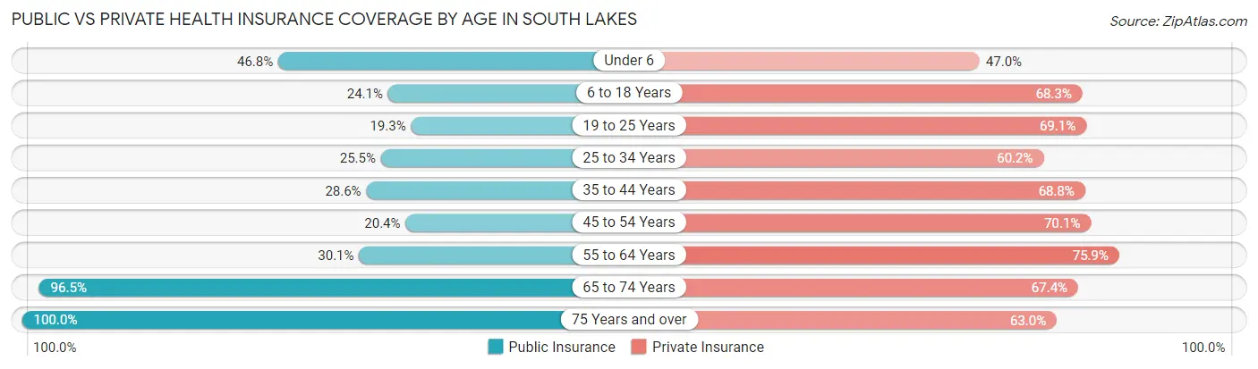 Public vs Private Health Insurance Coverage by Age in South Lakes