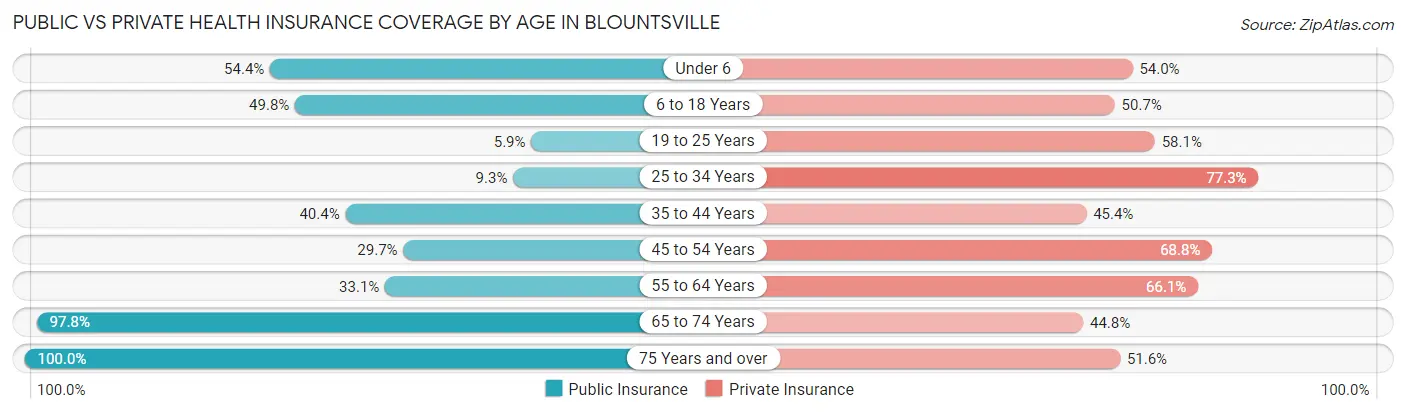 Public vs Private Health Insurance Coverage by Age in Blountsville